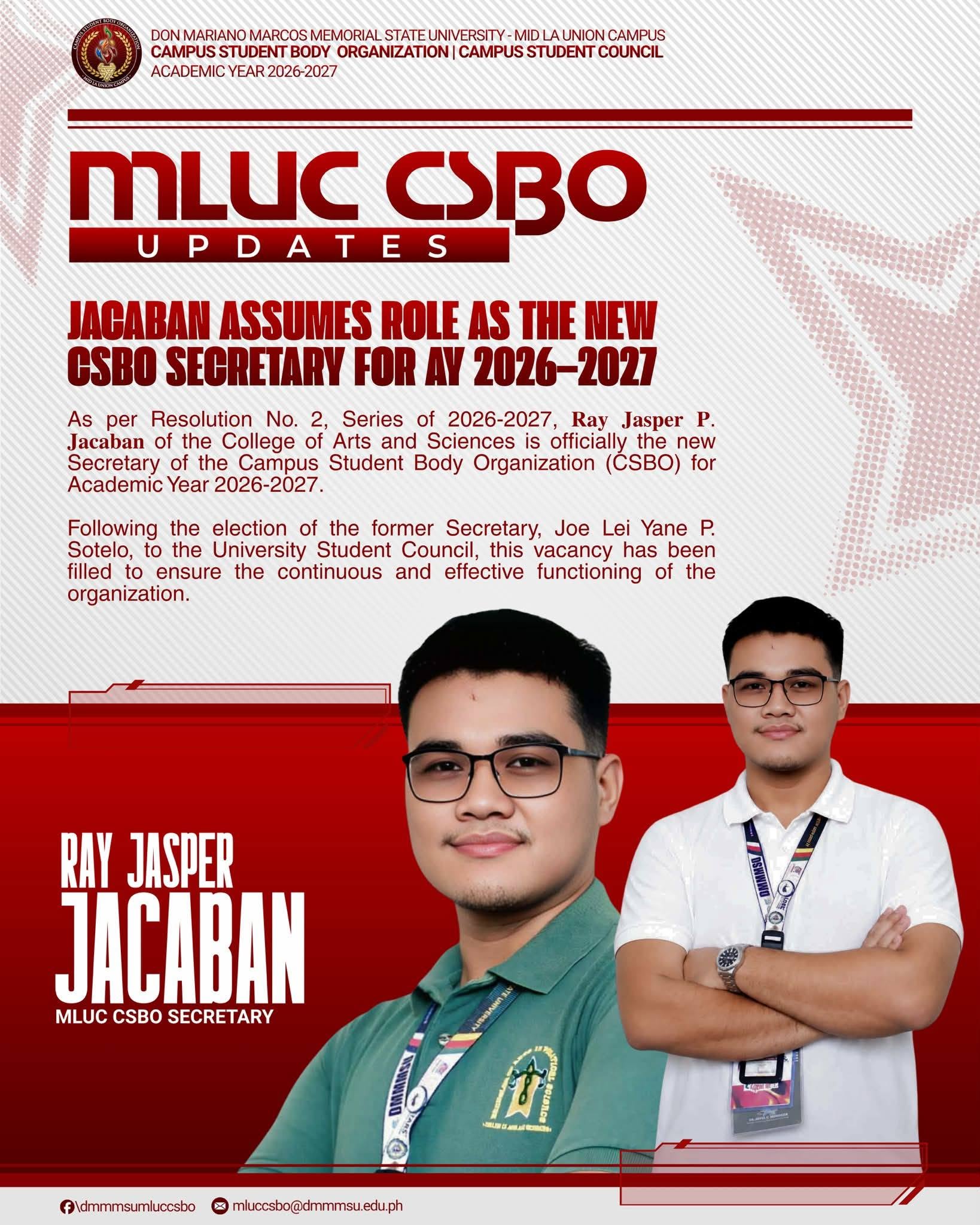#MLUCCSBOupdates | 𝐉𝐀𝐂𝐀𝐁𝐀𝐍 𝐀𝐒𝐒𝐔𝐌𝐄𝐒 𝐑𝐎𝐋𝐄 𝐀𝐒 𝐓𝐇𝐄 𝐍𝐄𝐖 𝐂𝐒𝐁𝐎 𝐒𝐄𝐂𝐑𝐄𝐓𝐀𝐑𝐘 𝐅𝐎𝐑 𝐀𝐘 𝟐𝟎𝟐𝟔-𝟐𝟎𝟐𝟕 featured photo